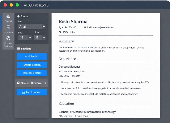 ATS resume builder editor preview with filled resume sections.