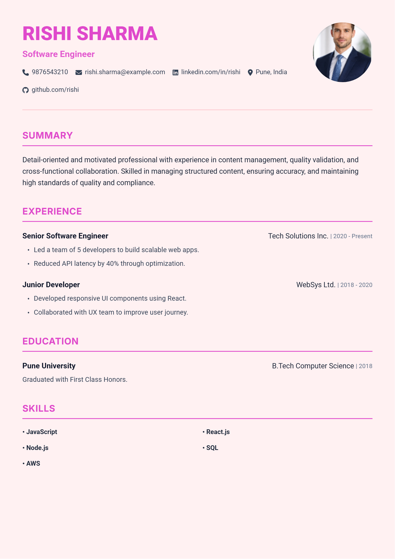 Creative Pink ATS resume template
