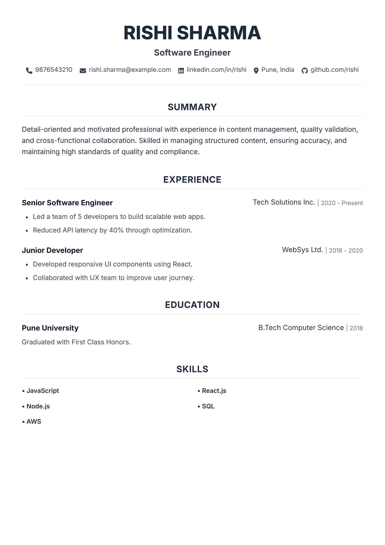 Elegant Center ATS resume template