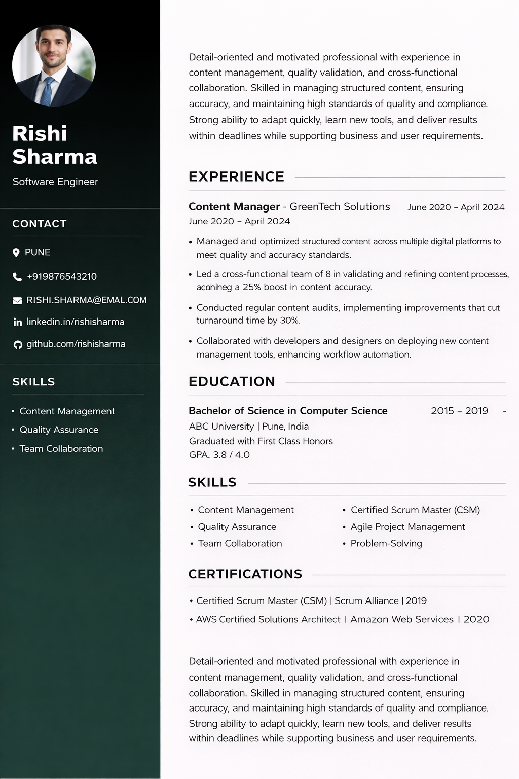 Dark Sidebar ATS resume template