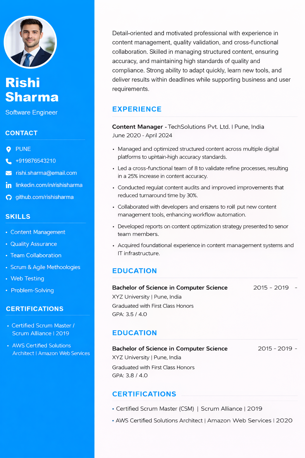 Blue Sidebar ATS resume template