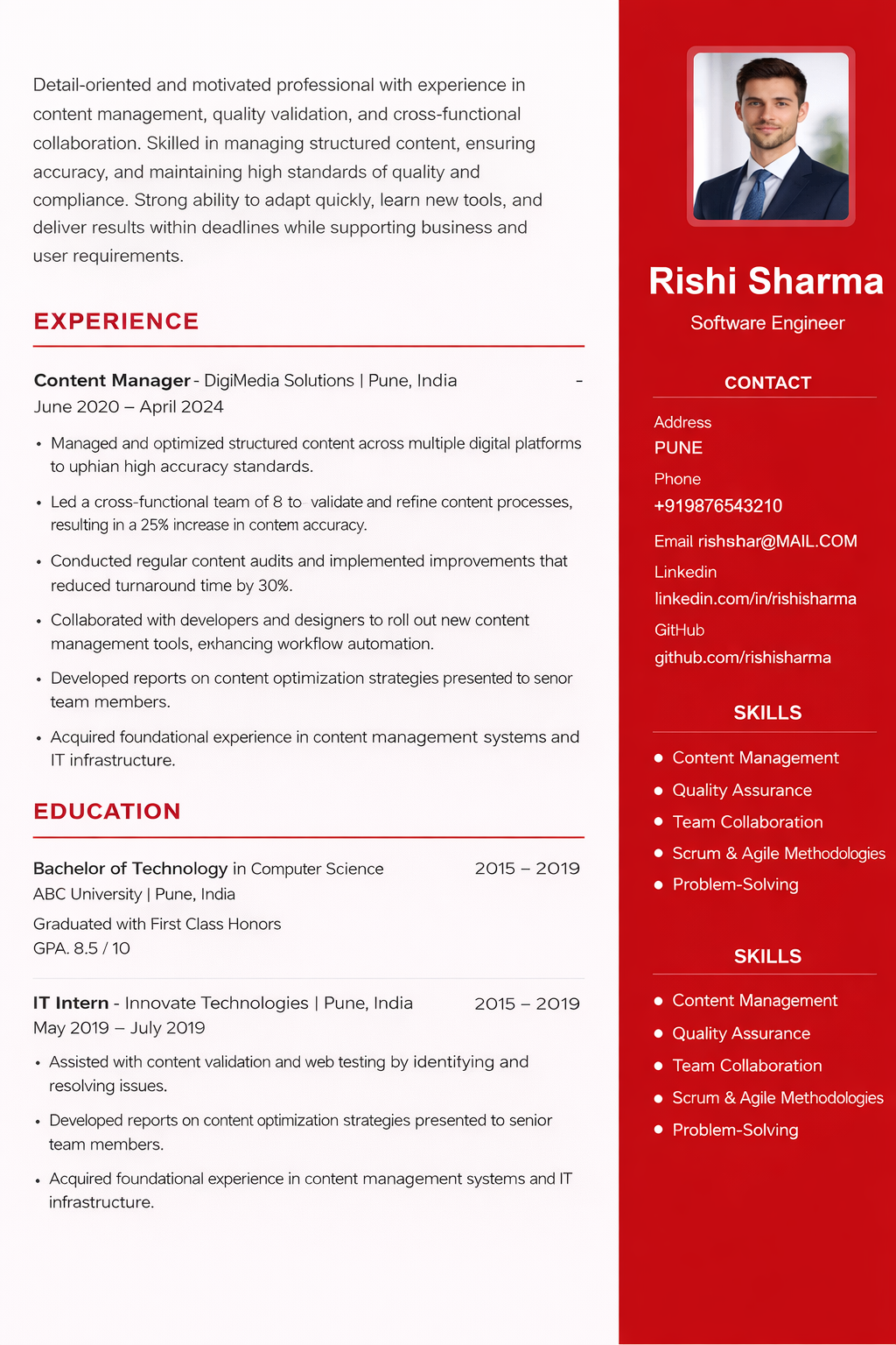 Red Sidebar ATS resume template