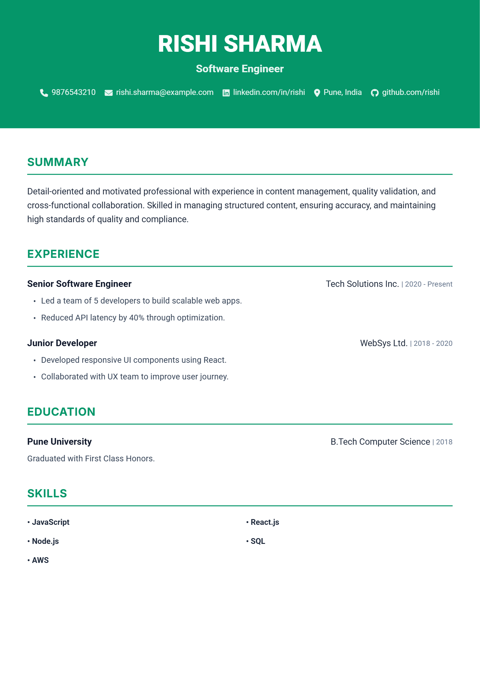 Corporate Green ATS resume template
